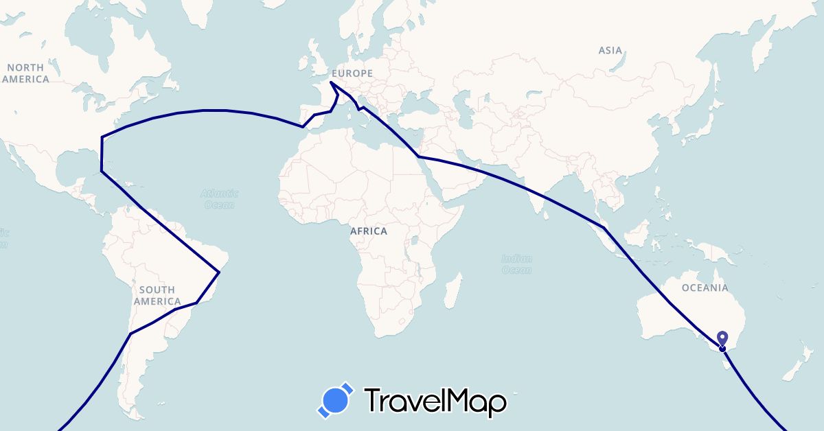 TravelMap itinerary: driving in Argentina, Australia, Brazil, Chile, Cuba, Egypt, Spain, France, Italy, Malaysia, Portugal, United States, Venezuela (Africa, Asia, Europe, North America, Oceania, South America)